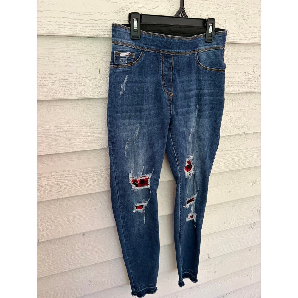Coco + Carmen Distressed Buffalo Plaid Patch Skinny Jeans – Size Small - Picture 9 of 11